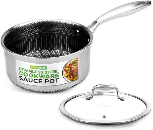 NutriChef 2 QT Stainless Steel Sauce Pot - Triply Kitchenware Sauce Pot with Glass Lid - DAKIN Etching Non-Stick Coating, Scratch-resistant Raised-up Honeycomb Fire Textured Pattern - NutriChef NC3PSP