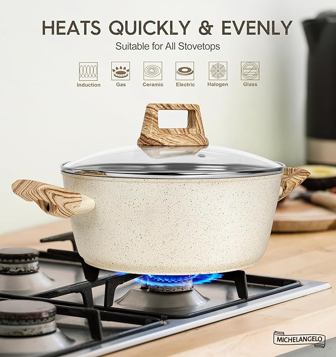 MICHELANGELO 4.3 Quart Nonstick Soup Pot with Lid, Non-Toxic Granite Coating, Induction Compatible, Non Stick Pot for Cooking with Stay-cool Handles, White
