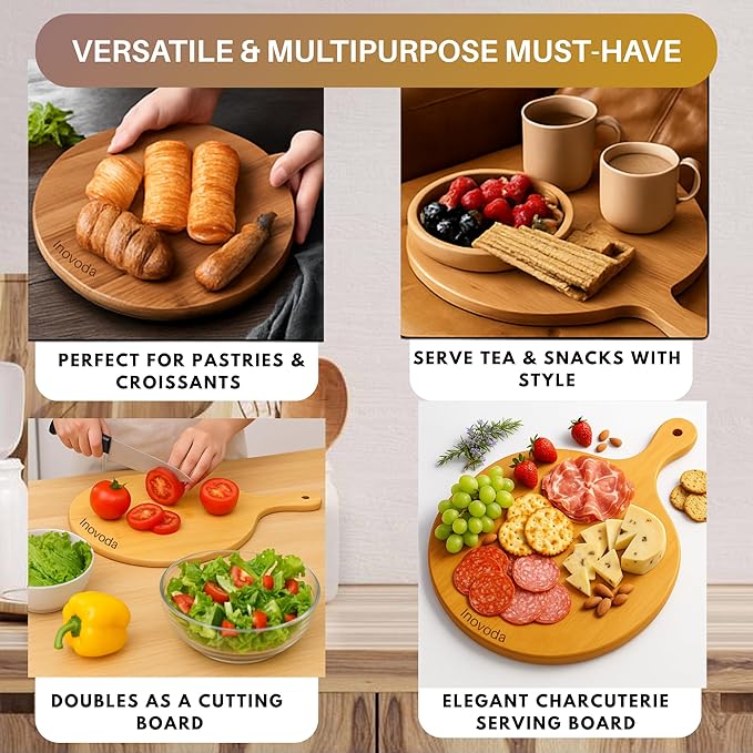 Wood Pizza Cutting Board with Cheese Knife & Pizza Cutter -12” Pizza Board with Handle -Pizza Peel Chopping Board, Decorative Serving Board for Pizza & Charcuterie