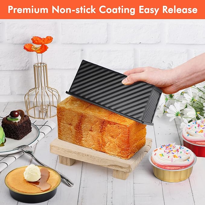 Beasea Pullman Loaf Pan with Lid, 2 Pack 0.5 lb Small Non-Stick Bread Loaf Pans Carbon Steel Mini Bread Toast Box for Homemade Bread Toast Oven Baking - Black