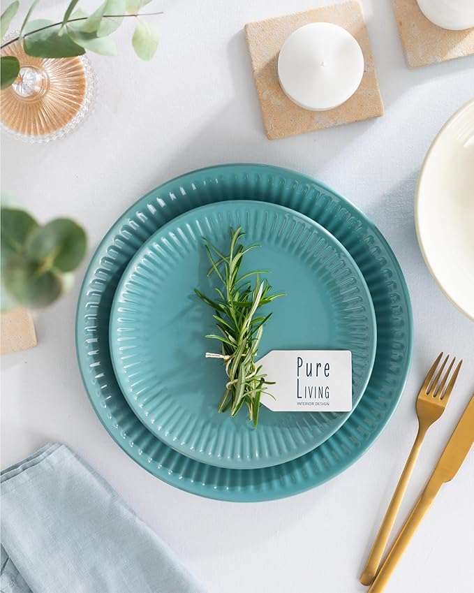 Stoneware Dinnerware Set for 8 People HYGGE 24-Piece - Elegant Scandi Design - Premium Dish Set - Bowl and Plate Set - Tableware for 8 People in a Ribbed Design - Pure Living in Green