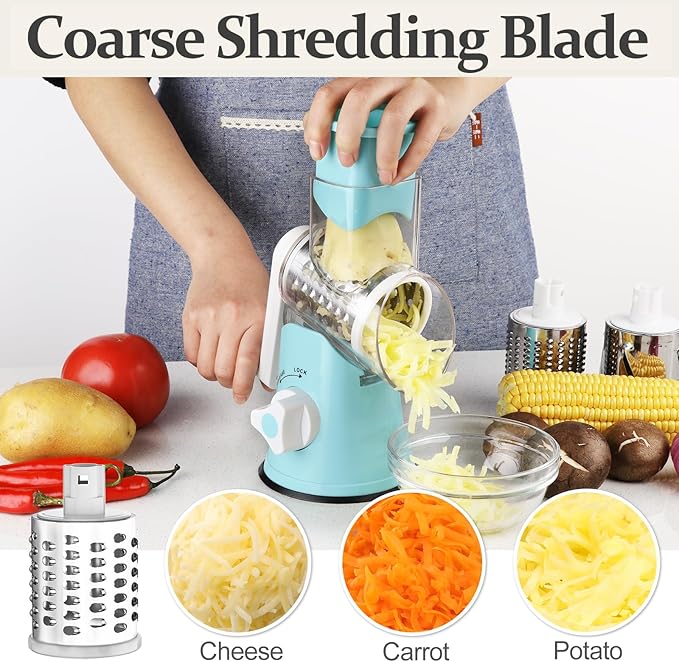 Cambom Rotary Cheese Grater Hand Crank Cheese Shredder for Fresh Cheese, Vegetable, Nuts,Non-slip Suction Base, Five Blades, Blue