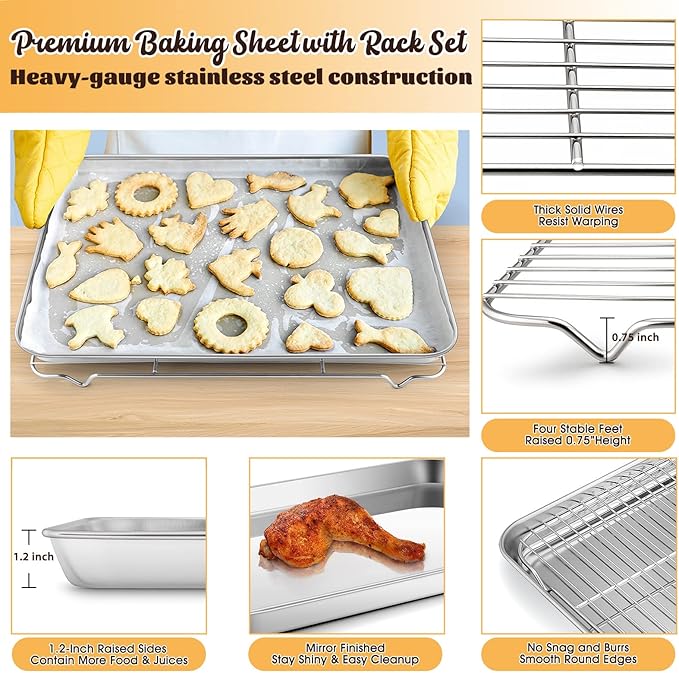 Large Baking Sheet with Rack Set, E-far 20”x14” Stainless Steel Cookie Sheet Pan for Oven Cooking Roasting, Rimmed Metal Tray with Wire Cooling Rack for Bacon Meat Steak - Dishwasher Safe