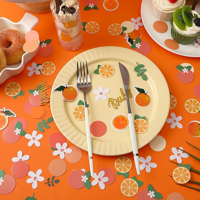 MARFOREVER 500 Pcs Little Cutie Baby Shower Confetti Citrus Decoration Orange Baby Shower Confetti Tangerine Eucalyptus Scatter for Gender Reveal Birthday Party Table Decoration Supplies