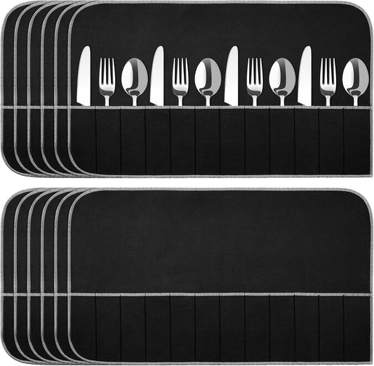 Hillban 12 Pcs Anti Tarnish Silver Storage Bags Silver Storage Cloth Felt Flatware Organizer Anti Tarnish Protector Bags Place Setting Roll with White Ribbon for Kitchen Cutlery Utensils (Black)