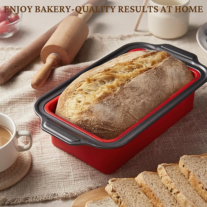 BRONYPRO 9x5 Inch Non-Stick Bread Loaf Pan,Non-Toxic Silicone Baking Mold For Homemade Bread,Heavy-Duty Steel Frame,Dishwasher Safe-Red