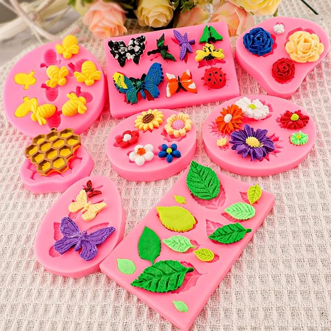 Silicone Mold Flower 8pcs Chocolate Fondant Polymer Clay Candy Gummy Mold,Rose Leaf Butterfly Bee Honey Shaped Silicone Molds for DIY Cake Cupcake Decor Craft