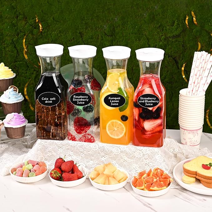 Set of 8 Plastic Carafe with Lid, 1 Liter Carafes for Mimosa Bar，Large Square Base Juice Containers, Water Bottle, Milk Container, Clear Beverage Containers for Fridge