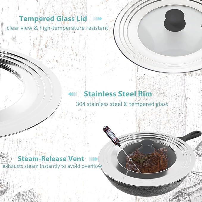 Universal Lid for Pots and Pans - One Size Fits All 8.25-12 Inch Pots Frying Pans Skillets Woks, Replacement Pot Lid with Upgraded Heavy Duty Heat Resistant Silicone Handle, Black