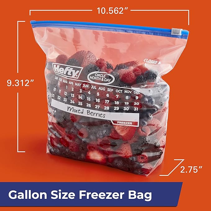 Hefty Calendar Slider Gallon Freezer Bags, 1 Gallon Size Slider Bags with Stand and Fill Expandable Bottoms, Helps Prevent Freezer Burn, 25 Count (Pack of 4)