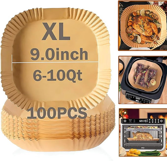 Air Fryer Disposable Paper Liner, Natural Baking Parchment Paper Air fryer liners,Thickened Oil-Proof High Temperature,for Air Fryers,Ovens,Pan and Microwaves (9inch-XL-Thick, square-Brown)