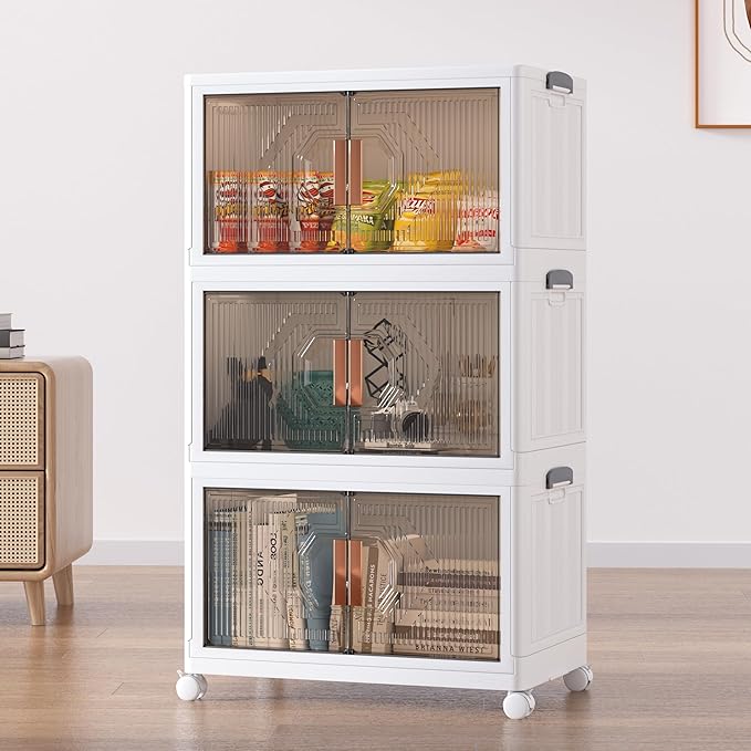 VECELO 19 Gal Stackable Storage Bins with Lid, 3 Pack Plastic Collapsible Storage Cabinet, Foldable Folding Box Organizer/Storage Container Cart with Wheel and Double Door for Home Office, White