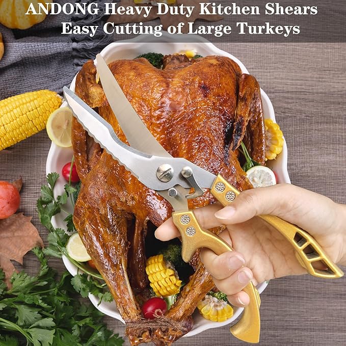 ANDONG Poultry Shears Heavy Duty Kitchen Shears with Serrated Edge, Kitchen Scissors spring loaded, Chicken Shears Heavy Duty Professional, Gold