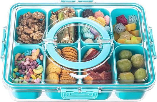 Divided Serving Tray with Lid and Handle - Snackle Box Charcuterie Container for Portable Snack Platters Organizer for Candy, Fruits, Nuts, Snacks - Perfect for Party, Entertaining, Lake blue