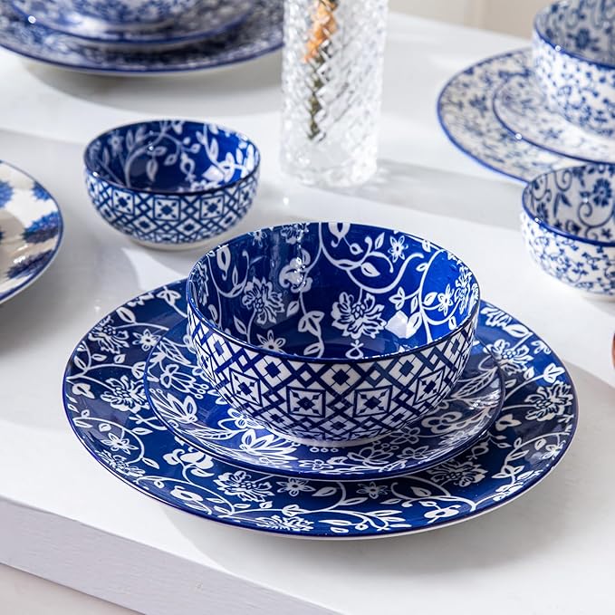 Ceramic Dessert Bowls Set - 11 Oz Small Ice Cream Bowl for kitchen - 4.7 Inch Porcelain Cereal Bowl for Fruits, Salad, Side Dishes, Ramen - Microwave Dishwasher Safe - Set of 6 - Vintage Blue