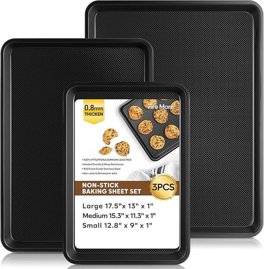 Baking Sheet Pan Set of 3, Thicker Carbon Steel Cookie Sheets for Baking Non Stick with Diamond Texture Pattern, Ceramic Half/Quarter/Jelly Roll Baking Trays for Oven