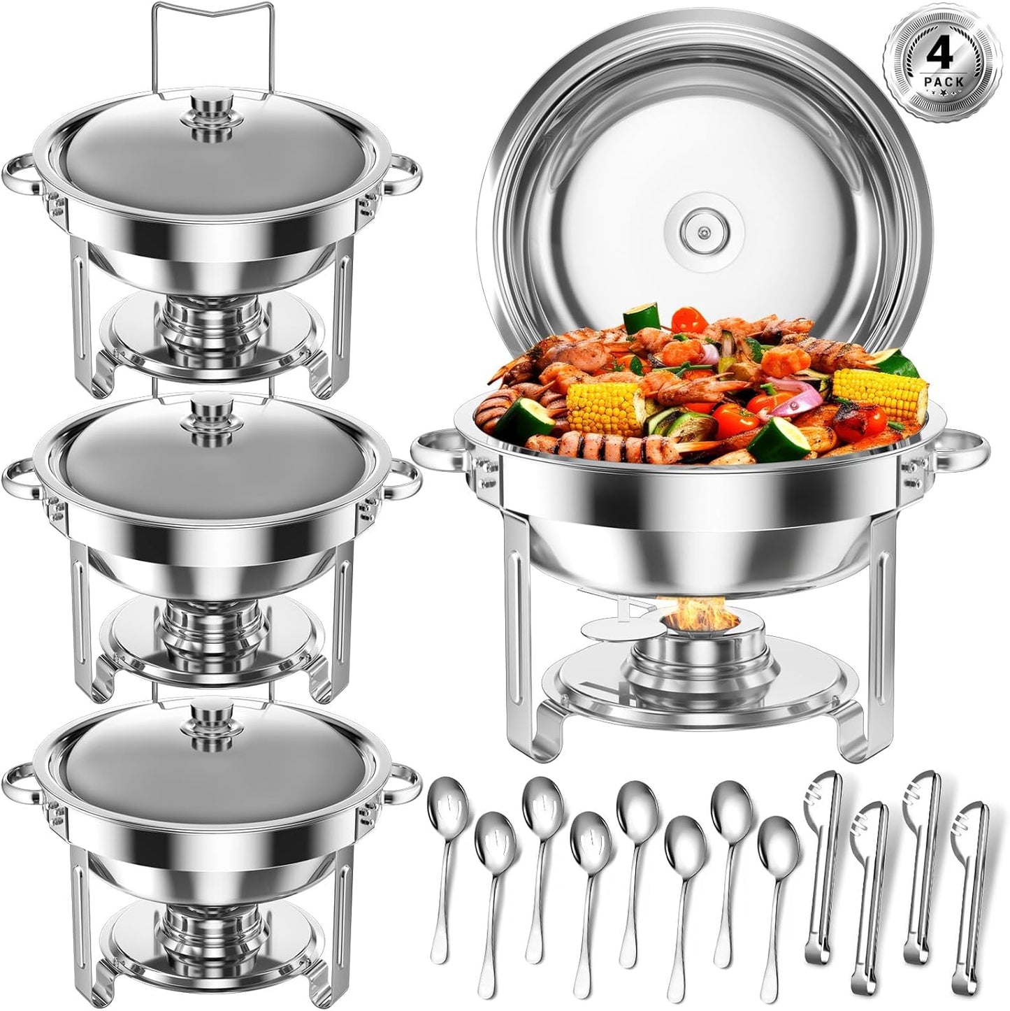 Round Chafing Dishes for Buffet 5 Qt,High Grade Chafing Dish Buffet Set with Stainless Steel Lid & Lid Holder,Full Size Pan,Food Warmers for Parties,Buffet,Wedding, Birthday 4 Pack (Silver)