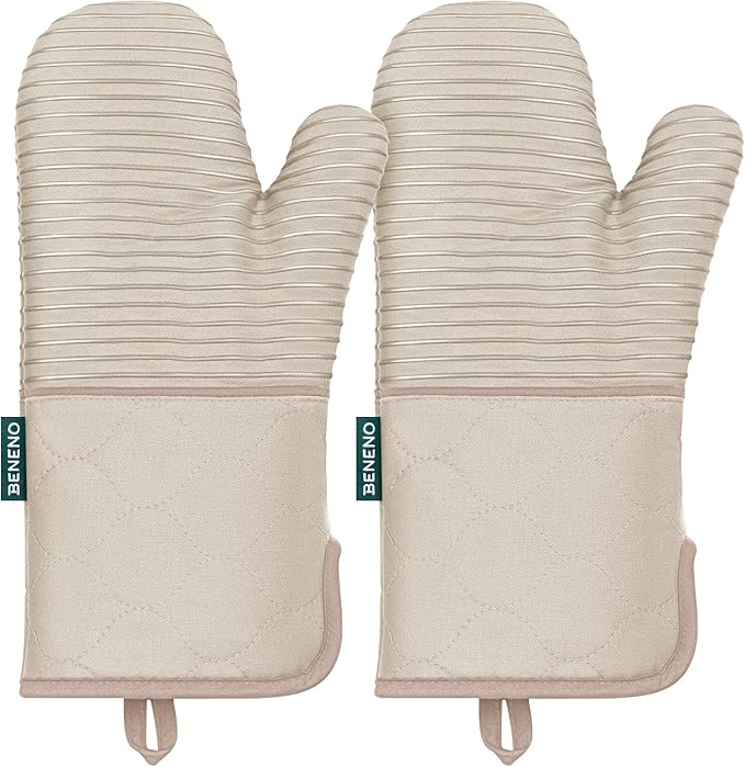 Beneno Kitchen Oven Mitts 2-Pack Heat Resistant to 500°F with Non-Slip Silicone Grip, Extra Long 14.3" Forearm Protection, Soft Quilted Cotton Terry Lining, Ideal for Cooking, Baking, Grilling, Beige