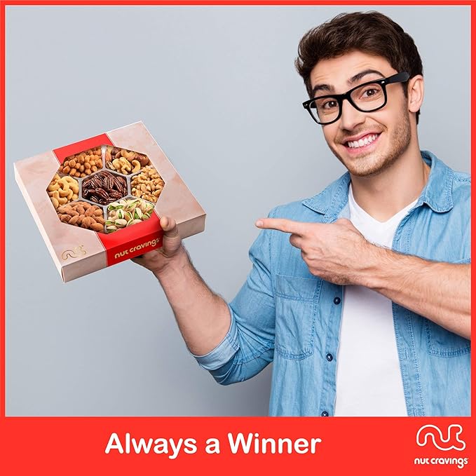 NUT CRAVINGS - Mixed Nuts Gift Basket in Red Gold Box (7 Assortments, 2 LB) Food Arrangement, Healthy Snack Care Package, Food Assortments