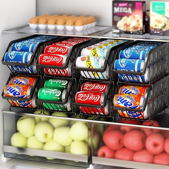 GILLAS 8 Pack Stackable Soda Can Organizer for Refrigerator, Can Holder Dispenser, Canned Food Storage Rack for Fridge, Kitchen, Countertops, Cabinets, Black