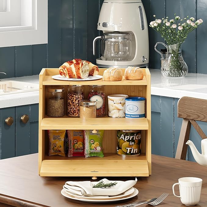 Vintage Double Layer Bread Box for Kitchen Counter Bamboo Bread Storage Container Large Capacity Bread Storage Bin (Natural Bamboo)