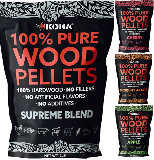 Kona Smoker Grilling Pellet (Set of 4) 2 Pound Variety Pack (8 pounds Total), Apple + Cherry + Supreme Blend + Mesquite Acacia Blend