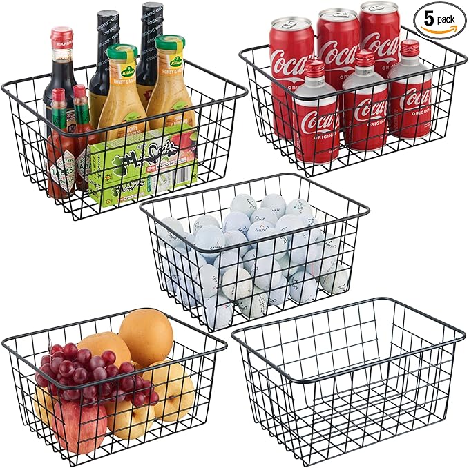 Wire Kitchen Storage Basket 5 Packs,Perfect Pantry Organization Accessories Basket,Laundry,Countertop Organization,Suitable for Kitchen,Bathroom,Bedroom,Tabletop,Stackable,Black