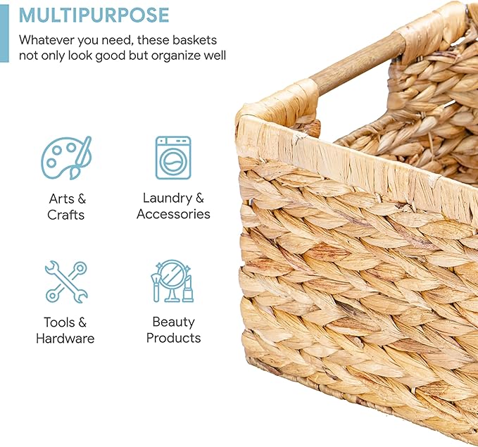 Large Wicker Basket Rectangular with Wooden Handles for Shelves, Water Hyacinth Basket Storage, Natural Baskets for Organizing, Wicker Baskets for Storage 14.5 x 10.3 x 7.5 inches - 3 Pack
