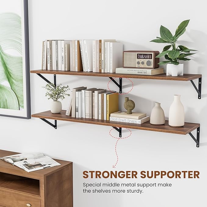 Heimlove 12 Inch Deep Floating Shelves for Wall, 48W x 12D Wood Wall Shelves Set of 2, Walnut Wide Floating Bookshelf for Living Room, Kitchen, Office, Bedroom, with Black Metal Bracke - Walnut