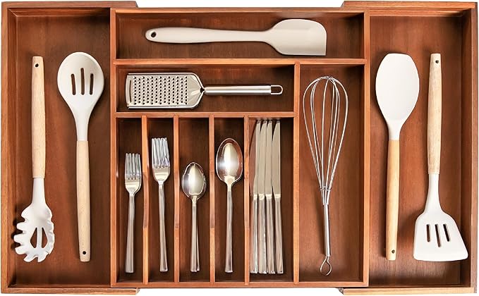 Premium Silverware, Flatware and Utensil Organizer for Kitchen Drawers, Food-Safe Contract Grade, Expandable from 16 to 28 In, Natural Acacia