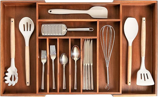 Premium Silverware, Flatware and Utensil Organizer for Kitchen Drawers, Food-Safe Contract Grade, Expandable from 16 to 28 In, Natural Acacia