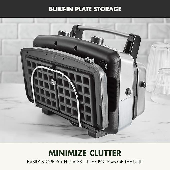 GreenPan Elite 2-Square Belgian & Classic Waffle Iron, Healthy Ceramic Nonstick Dishwasher Safe Plates, Adjustable Shade/Crunch Controls, Wont Overflow, Easy Cleanup Breakfast, Stainless Steel