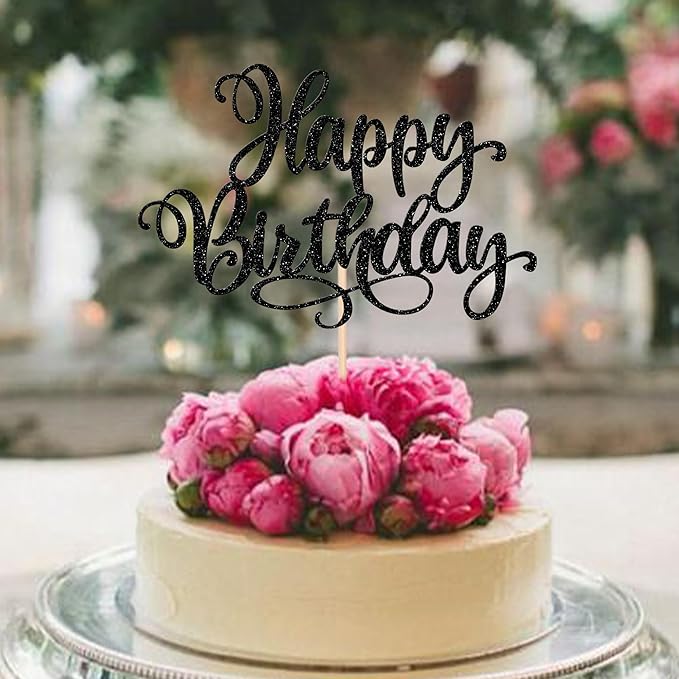 ZHUOWEISM 1 PCS Happy Birthday Cake Topper Glitter Happy Birthday Cake Pick Bunting Decor for Anniversary Celebrating Happy Birthday Party Cake Decorations Supplies Black