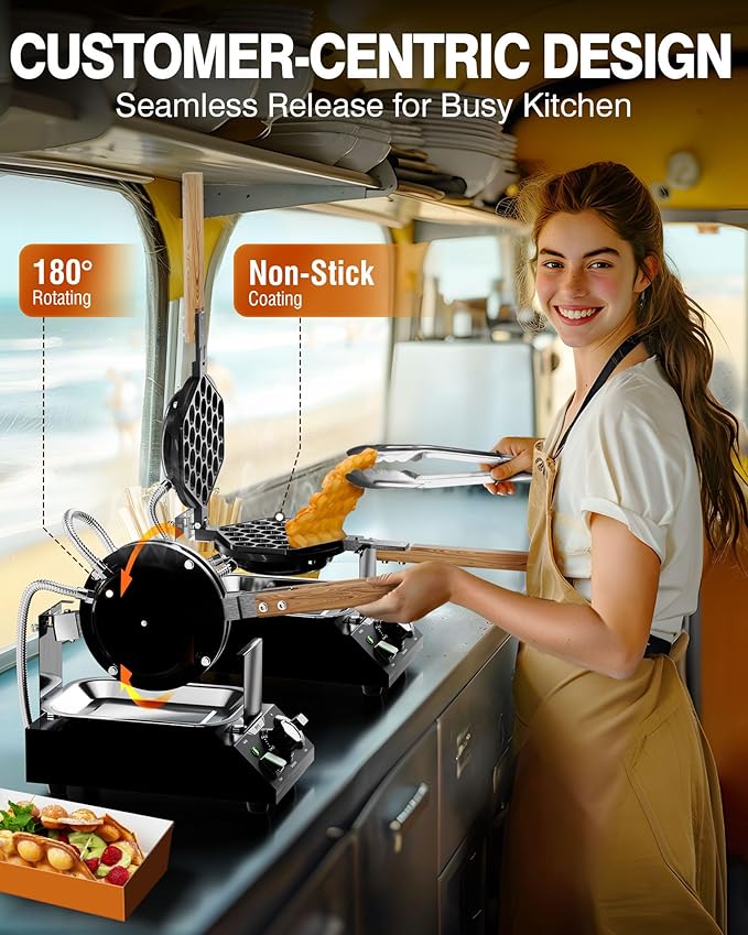 PYY Bubble Waffle Maker – 180° Rotating, Non-Stick Coating, Wooden Handle & Crumb Tray, Hong Kong Round Cones, 1500W Commercial Egg Puff Waffle Iron, 122-482℉ Electric Stainless Steel