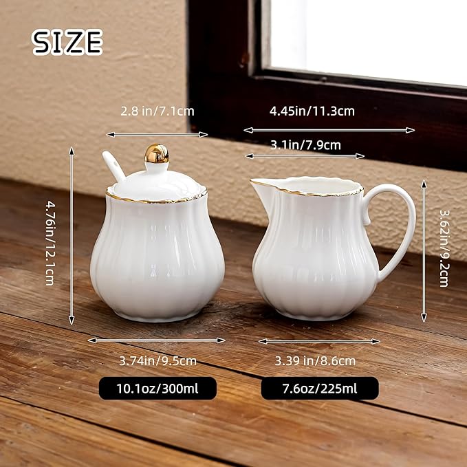 Ceramic Sugar and Creamer Set, 3 Piece with Cream Pitcher, Sugar Bowl with Lid and Spoon,Coffee and Tea Serving Set (White with gold line)