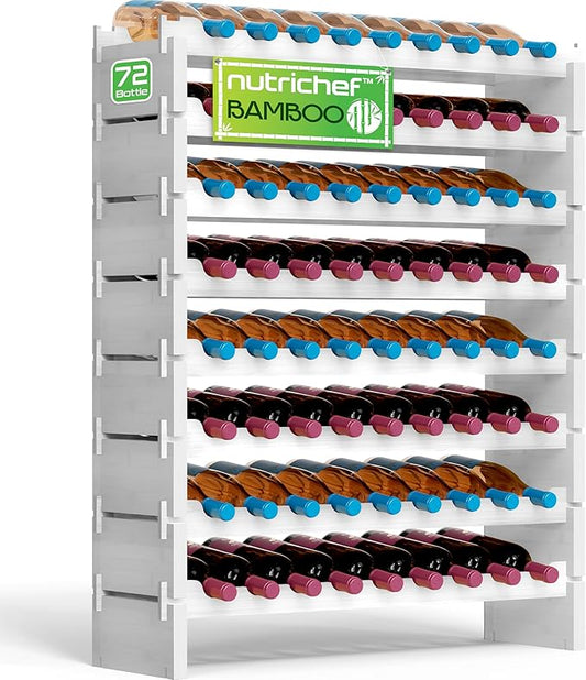 NutriChef Bamboo Stackable Wine Rack, 8-Tier 72 Bottle Capacity Wine Racks Free Standing Floor, No Tools Assembly, Modular Storage Display Shelf for Kitchen and Cellar 33.5" x 10" x 42", White