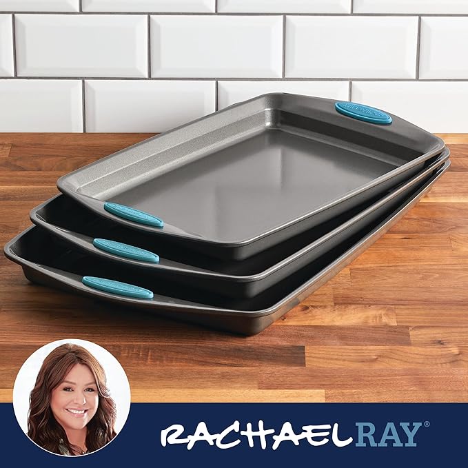 Rachael Ray Bakeware Nonstick Cookie Pan Set, 3-Piece, Gray with Agave Blue Grips