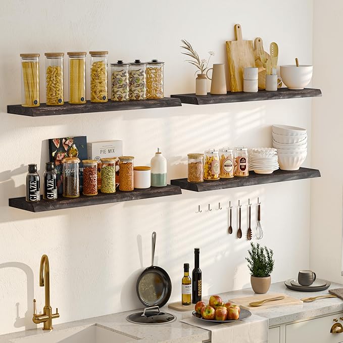 Fun Memories Solid Elm Wood Floating Shelves, 36 Inch Floating Shelves for Wall, Wall-Mounted Live Edge Wooden Shelves with Invisible Heavy-Duty Brackets for Books, Bathroom, Kitchen, Walnut Finish