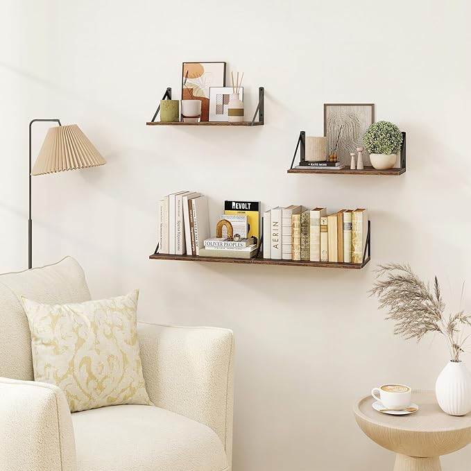 Heimlove Deep Floating Shelves for Wall, 16W x 8D Wood Wall Shelves Set of 2, Wide Floating Bookshelf for Living Room, Kitchen, Office, Bedroom and Decor Storage, with Metal Bracket - Rustic Brown