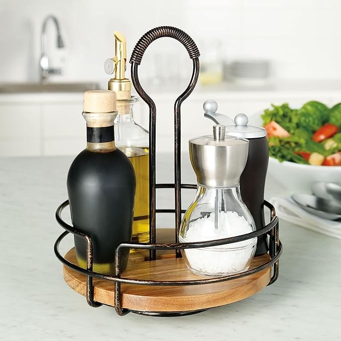 Mikasa Gourmet Basics Hanover Condiment Caddy with Rotating Caddy Organizer Design, Acacia Wood Insert - Durable, BPA-Free, Heavy-Gauge Carbon Structured Steel for Condiment Storage