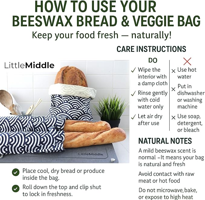 2 XL Beeswax Bread Bags for Homemade Sourdough, Produce, Sandwiches & Lunchbox Use - Reusable Bread Storage Bags, Washable (2-Pack)