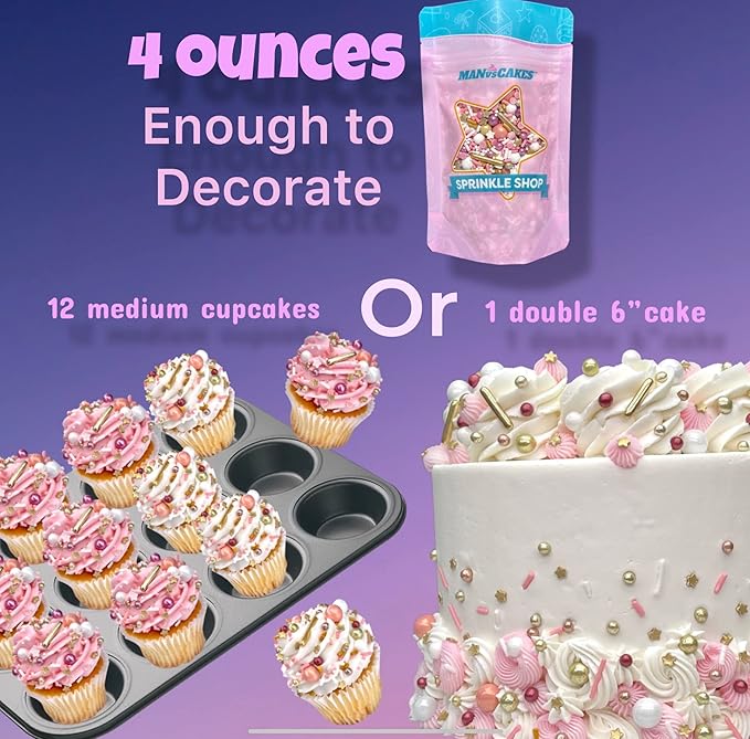 Manvscakes Sprinkles- Edible Cake and Cupcake Sprinkles with Assorted Shapes and Sizes for Parties, Metallic Sprinkle Mix for Cookies, Ice Cream, Cake and Cupcake Decorating, 4 oz (Primary)