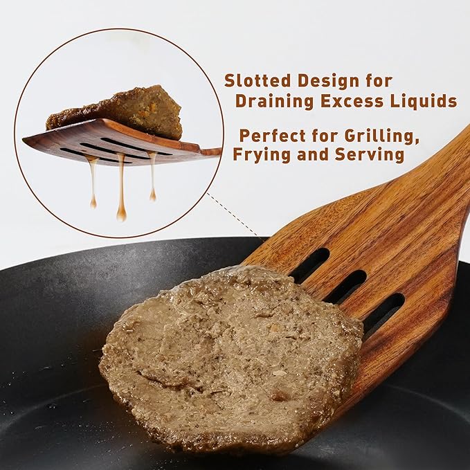 FJNATINH Wooden Slotted Spatula for Cooking, Nonstick Teak Slotted Turner, Flat Wooden Kitchen Cooking Spatula Turner for Frying Flipping Kitchen Utensil Pancake