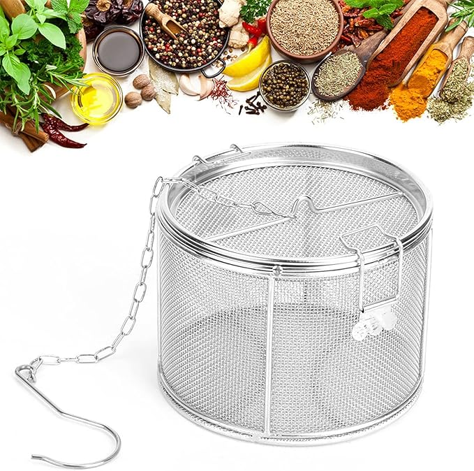 Seasoning Strainer, Large Capacity Stainless Steel Tea Mesh Tea Infuser Strainer with Extended Chain Hook for Brew Loose Leaf Tea and Seasonings, Sliver 5.52 x 3.94