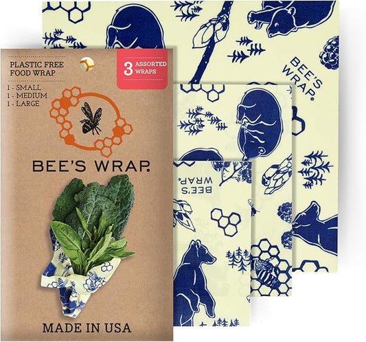 Bee's Wrap Beeswax Wraps for Food - Bees + Bears 3 Pack (S, M, L) Made in USA Reusable & Organic Food Wraps, Sandwich Wrap & Bowl Covers - Eco-Friendly Alternative to Aluminum Foil & Plastic Wrap
