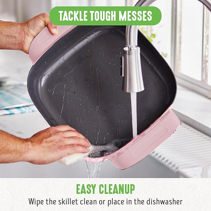 GreenLife12" 5QT Square Electric Skillet, Glass Vented Lid, Ceramic PFAS-Free Nonstick Coated Interior, Adjustable Temperature Control, Cool Touch Handles, Quick Even Heating, Scratch Resistant, Pink