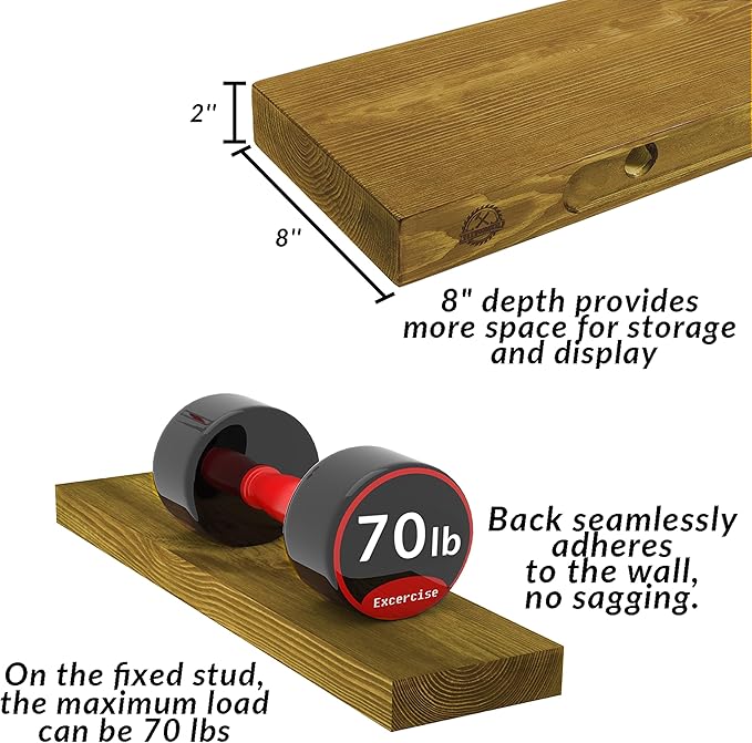 Rustic Floating Shelves 24 inch Long 8 inch deep Set of 2, Solid Wood Wall Shelves for Bedroom Living Room Kitchen,Book Shelf for Wall, Wall Mounted Shelves with Hidden Bracket- Golden Oak