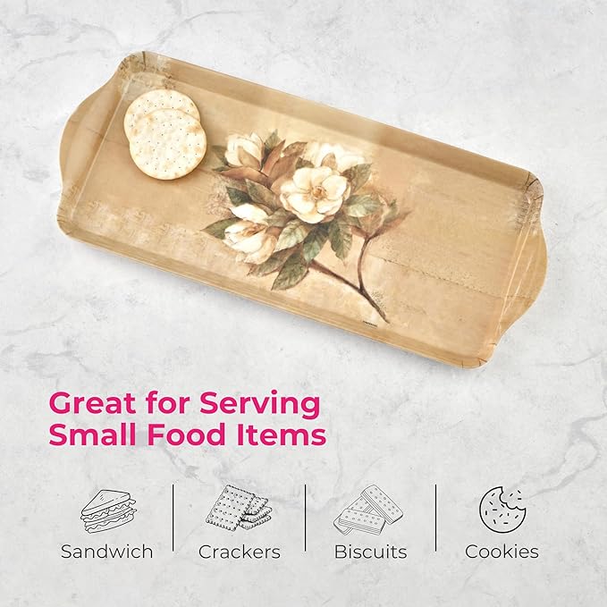 Pimpernel Sugar Magnolia Sandwich Tray - Rectangular Melamine Snack Tray with Blooming Floral Design, Pink & Green Tones - Dishwasher Safe Serving Platter for Breakfast Pastries or Decorative Display