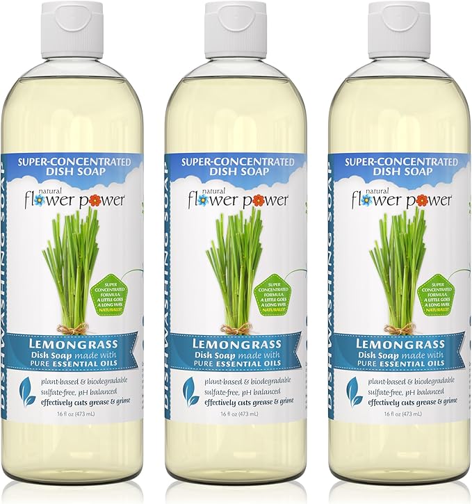 Liquid Dish Soap – Lemongrass – Plant-Based & Scented w/ Pure Essential Oils – Natural Liquid Dishwashing Detergent – Sulfate-Free Gentle Kitchen Soap – Vegan (16 Fl Oz 3 Pack)