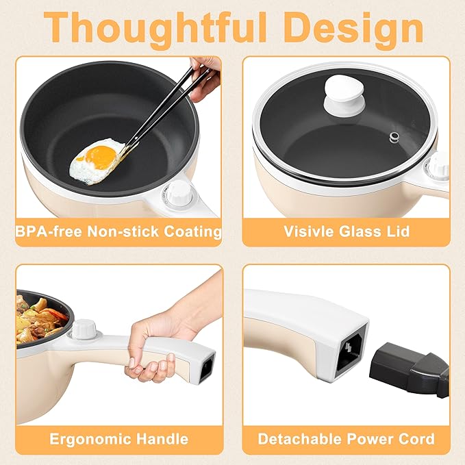 Dezin Hot Pot Electric Upgraded, Non-Stick Sauté Pan, Rapid Noodles Electric Pot, 1.5L Mini Portable Hot Pot for Steak, Egg, Fried Rice, Ramen, Oatmeal, Soup with Power Adjustment